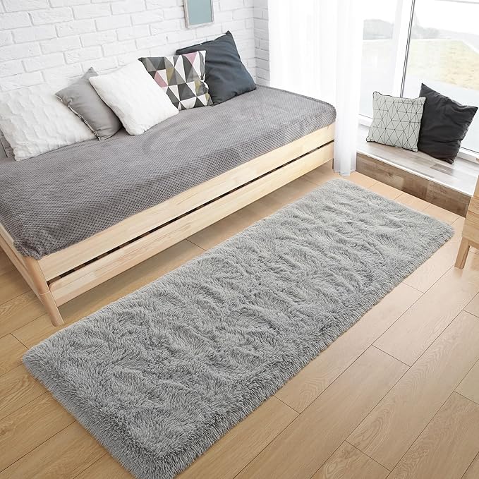 Tepook Soft Runner Rugs for Bedroom 2x6 ft with Rubber Backing, Grey Fluffy Rugs for Living Room, Shag Bedside Rug Fuzzy Plush Carpet for Room, Area Rug for Dorm Nursery Hallway Indoor Home Decor