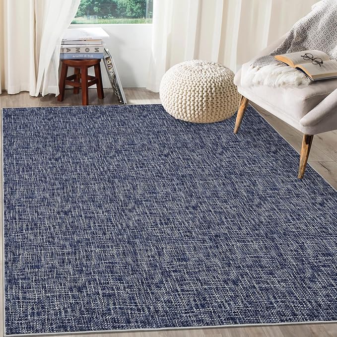 Washable Rug 10x13 for Living Room Modern Abstract Area Rug Non-Slip Large Contemporary Bedroom Rug Stain Resistant Aesthetic Accent Floor Carpet Foldable Solid Rug for Home Office, Blue