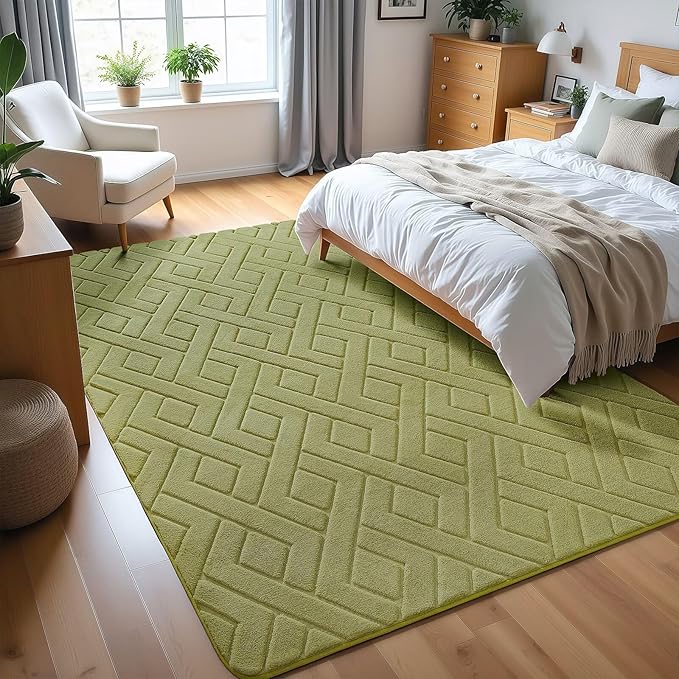 Ultra Soft Green Area Rug for Living Room, 5x7 Modern Geometric Shag Rugs with Nonslip Backing for Bedroom, Washable Fuzzy Carpet for Cozy Kids Room Nursery