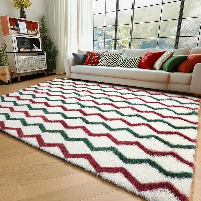 RUGTUDER Ultra Soft 5x8 Rugs Fluffy for Living Room, Washable Fuzzy Furry Rug for Bedroom, Non Slip Shaggy Striped Chevron Carpets for Girls Boys Room Teens Dorm Playroom Office, Cream Red Green
