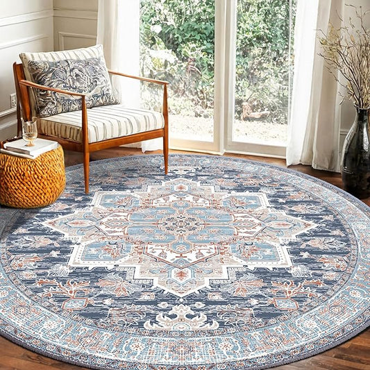 BESTSWEETIE 6ft Area Rugs for Living Room Washable Non Slip Carpet Low Pile Soft Vintage Print Pattern Rug for Bedroom Dining Room Kitchen Entryway Indoor-Navy Blue/Light Blue/Natural/Brick