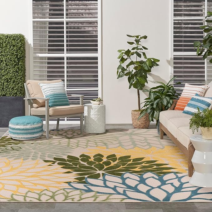 Nourison Aloha Indoor-Outdoor Green Multicolor 10' x 14' Area Rug, Easy Cleaning, Non Shedding, Bed Room, Living Room, Dining Room, Backyard, Patio, Deck (10x14)