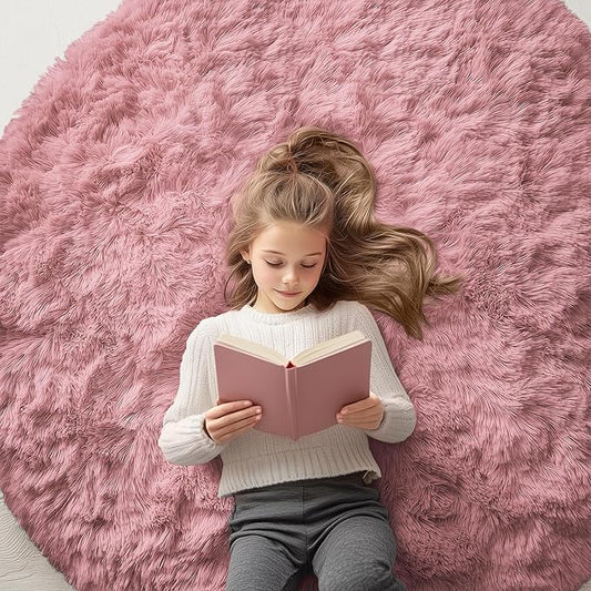 OLANLY Pale Pink Round Rugs for Bedroom - Machine Washable, 5x5 Feet Circle Area Rugs for Living Room, Soft and Fluffy Shaggy Carpet for Teen Girls and Boys, Dorms, Nursery Rooms, Home Decor Aesthetic