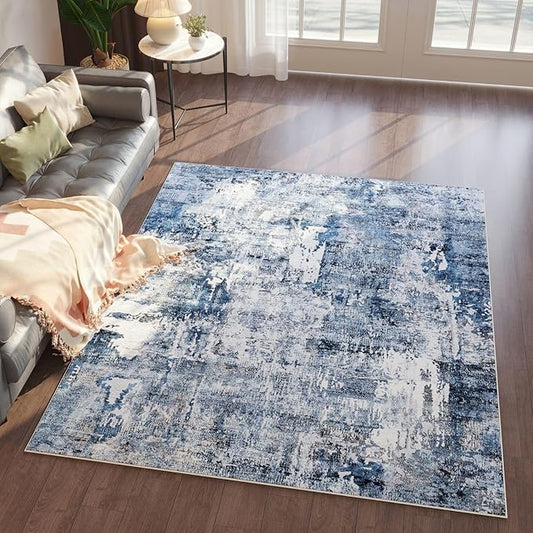 4x6 Rug Washable Boho Soft Area Rug Abstract Pattern Non-Slip Faux Wool Vintage Rug for Living Room, Bedroom Rug, Farmhouse, Dining Room, Indoor, Kids Playroom, Blue