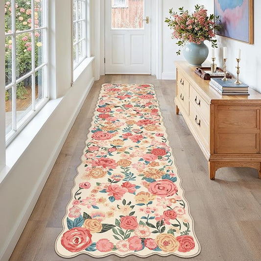 Washable Floral Runner Rug 2x8 Beige Hallway Carpet Scalloped Flower Non Slip Soft Long Kitchen Runner Farmhouse Low Pile Thin Indoor Floor Cover for Bathroom Bedroom Laundry Room Entryway