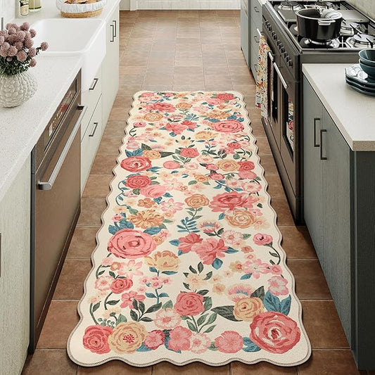 Washable Floral Runner Rug 2x6 Beige Hallway Carpet Scalloped Flower Non Slip Soft Long Kitchen Runner Farmhouse Low Pile Thin Indoor Floor Cover for Bathroom Bedroom Laundry Room Entryway