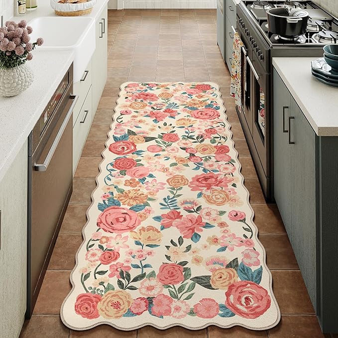 Washable Floral Runner Rug 2x8 Beige Hallway Carpet Scalloped Flower Non Slip Soft Long Kitchen Runner Farmhouse Low Pile Thin Indoor Floor Cover for Bathroom Bedroom Laundry Room Entryway