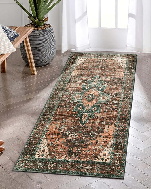 Moynesa Ultra-Thin Washable Rug - 2x4 Laundry Room Rug Non-Slip Kitchen Runner, Vintage Stain Resistant Non-Shedding Carpet for Bathroom, Living Room, Hallway, Brown