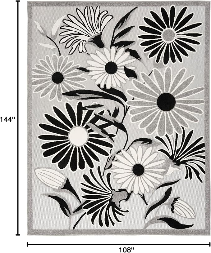 Nourison Aloha Indoor/Outdoor Black White 9' x 12' Area Rug, Easy Cleaning, Non Shedding, Bed Room, Living Room, Dining Room, Kitchen (9x12)