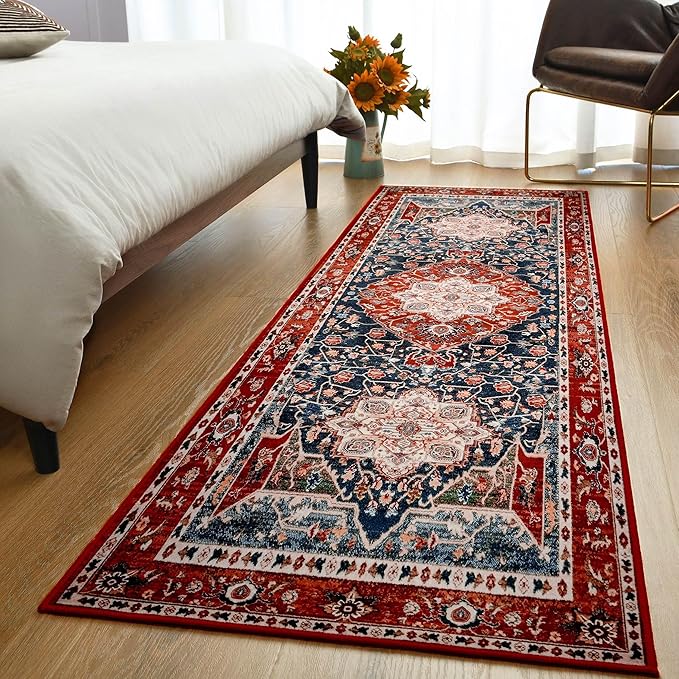 YJ.GWL Area Rug 2x7, Machine Washable Hallway Runner Rug, Boho Floral Vintage Distress Print Pattern Carpet, Low Pile Lightweight Thin Rugs for Entryway, Kitchen and Corridor, Red