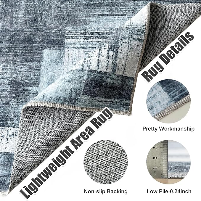 Washable Rug 5x7 Abstract Low Pile Bedroom Living Room Area Rug Modern Non Slip Lightweight Carpet for High Traffic Areas Home Dining Room, Blue&Grey