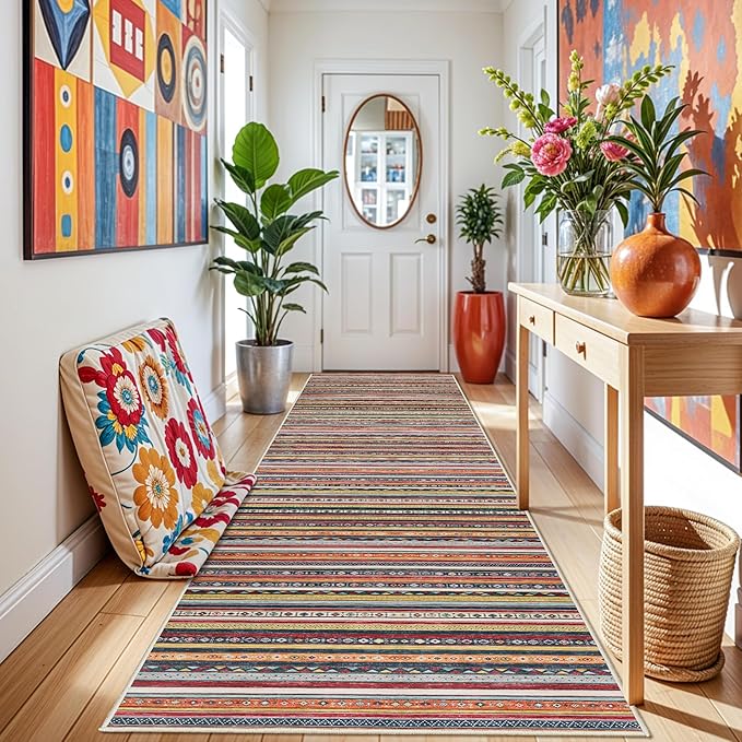 4x10 Rug Washable Living Room: Non-Slip Southwestern Striped Runner for Kitchen Hallway Entry - Farmhouse Low Pile Stain Resistant Long Thin Floor Carpet 4x10 Red/Blue/Multi