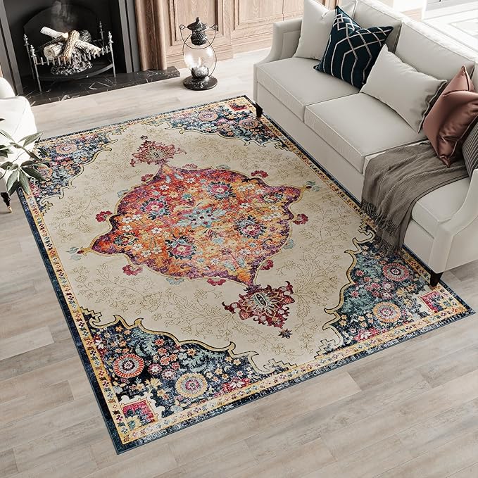 Dripex 3x5 Area Rugs, Machine Washable Non Slip Boho Rugs,Distressed Entryway Rug Doormat,No Pile Lightweight Vintage Rug, Smal Carpet Rug for Front Entrance,Office Bedroom,Multi