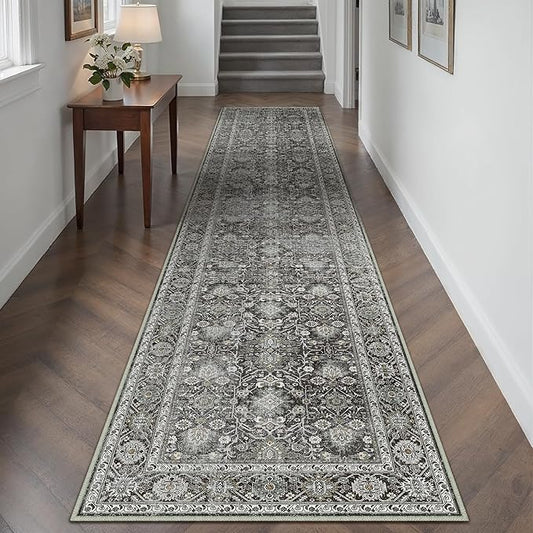 Black Runner Rug 2x10 Vintage Area Carpet Hallway Long Indoor Kitchen Washable Living Room Low Pile Traditional Distressed Retro Accent Throw Rug Non Slip Laundry Bathroom Office Dining Room