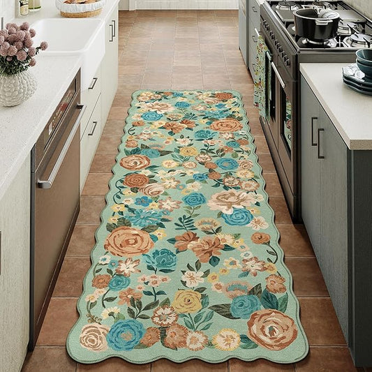 Washable Floral Runner Rug 2x5 Green Hallway Carpet Scalloped Flower Non Slip Soft Long Kitchen Runner Farmhouse Low Pile Thin Indoor Floor Cover for Bathroom Bedroom Laundry Room Entryway