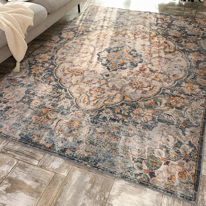Yancorp 5'x7'Boho Area Rug for Bedroom Non Slip Washable Rug Vintage Carpet Living Room Non-Shedding Hallway Runner Rug Indoor Floor Mats Bedroom Kitchen Entryway Rugs-Rectangle Blue Grey