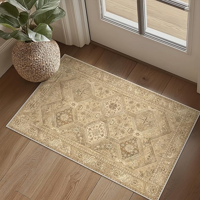Bavni Clearance 2x3 Rugs for Entryway Indoor, Machine Washable Area Rug Non Slip, Vintage Distressed Throw Rugs, Ultra-Thin Small Entry Carpet, Low Pile Door Mat for Entrance, Bedroom, Bathroom, Brown