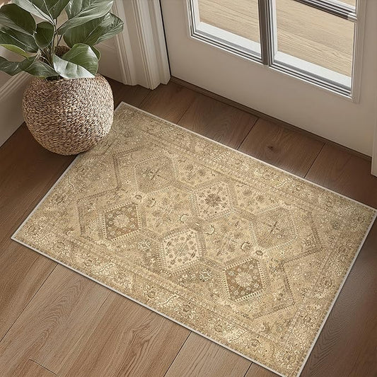 Bavni Clearance 2x3 Rugs for Entryway Indoor, Machine Washable Area Rug Non Slip, Vintage Distressed Throw Rugs, Ultra-Thin Small Entry Carpet, Low Pile Door Mat for Entrance, Bedroom, Bathroom, Brown