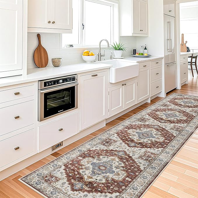 Washable Kitchen Runner Rug 3x12: Rus for Hallway Non Slip Water Resistant Light Weight Carpet for Bathroom Living Room - Long Ultra Soft Runners - Bedroom Floor Decor for Home (3x12,Brick)