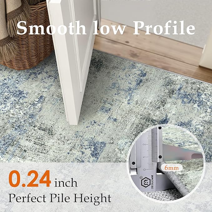2x6 Runner Rug for Hallways Blue Grey Non Slip Washable Neutral Modern Abstract Indoor Rug Thin Soft Throw Low Pile Kitchen Carpet for Bedside, Bedroom, Bathroom, Entryway