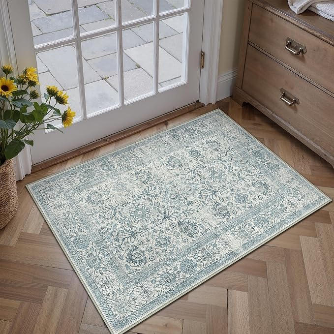 Blue Entryway Rug 2x3 Vintage Area Carpet Indoor Kitchen Washable Door Mat Living Room Entrance Small Low Pile Traditional Distressed Retro Accent Throw Rug Non Slip Office Bathroom