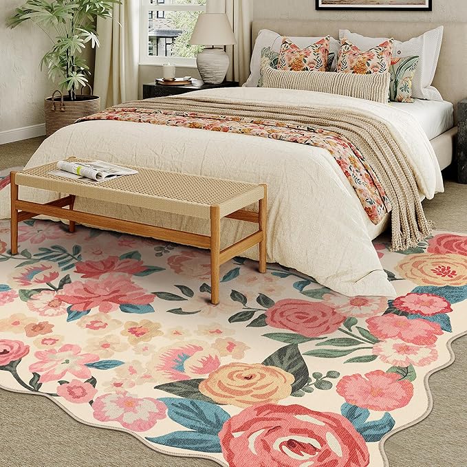 Washable Floral Area Rug 8x10 Beige Living Room Large Carpet Bedroom Scalloped Flower Non Slip Soft Throw Rug Farmhouse Low Pile Thin Indoor Floor Cover for Dining Room Office