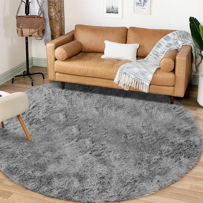 4FT Round Rug for Bedroom: Fluffy Shag Soft Washable Rugs Circle Small Fuzzy Plush Indoor Carpet for Living Room Nursery Playroom Dorm Kids Girls Boys Room (Grey, 4'x4')