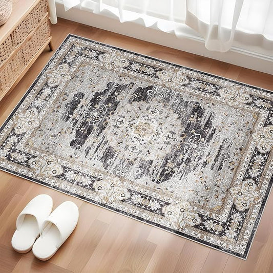 Washable Entryway 2x3 Rug: Small Boho Rugs for Indoor Entrance Non Slip Backing Stain Resistant Carpet Low Pile Throw Rugs for Bedroom Bedside Inside Front Door Floor Kitchen Decor(Black,2x3FT)