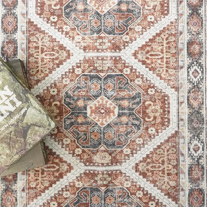 Washable Living Room Area Rug: 9x12 Large Super Soft Vintage Rugs Bedroom Oriental Indoor Rug Water Resistant Ultra Thin Carpet Non-Slip Backing Distressed Rugs for Kitchen 9x12 Brick