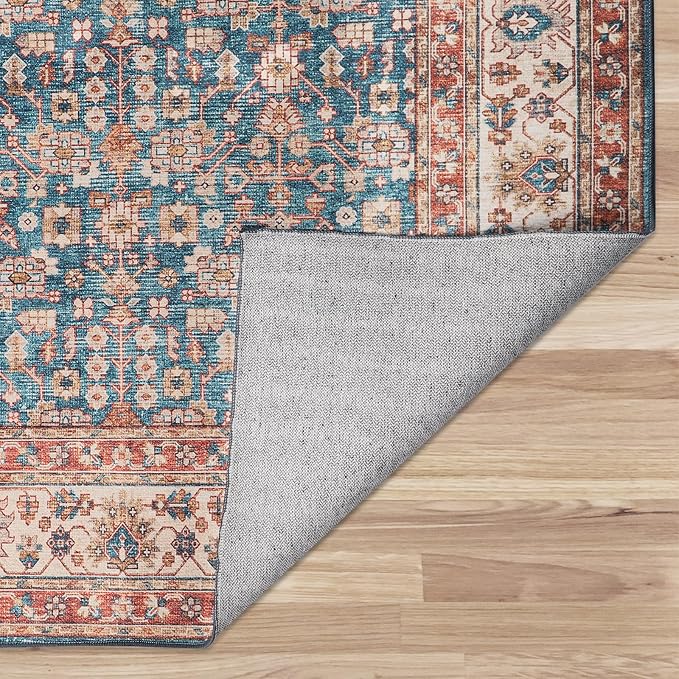 Dripex 5x7 Area Rugs, Machine Washable Non Slip Distressed Boho Rugs, No Pile Lightweight Vintage Rug, Floor Carpet for Living Room,Dining Room,Bedroom and Office,Blue and Red