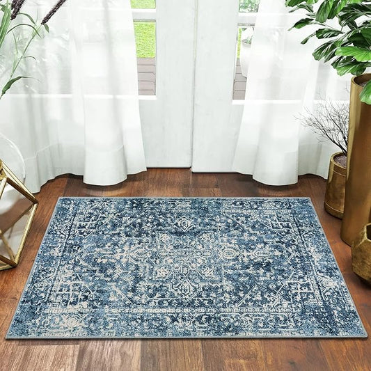 Morebes Boho 2x3 Blue Bathroom Rugs, Washable Small Indoor Door Mat Vintage Medallion Kitchen Rug Non-Slip, Soft Non-Shedding Throw Carpet for Bedroom Entrance Bath