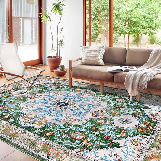 U'Artlines Boho Vintage Area Rug 9x12 Machine Washable Low Pile Soft Floor Carpet Non Slip Non Shedding Accent Rug for Living Room Bedroom Entryway Dining Room Office Green