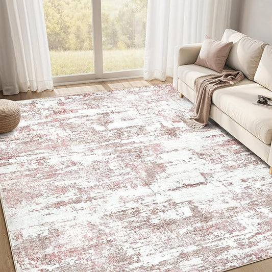 Area Rugs for Living Room: 5x7 Abstract Washable Rug Modern Neutral Large Soft Stain Resistant Non-Slip Backing Machine Table for Bedroom Dining Room Indoor Home Office Carpet - Pink