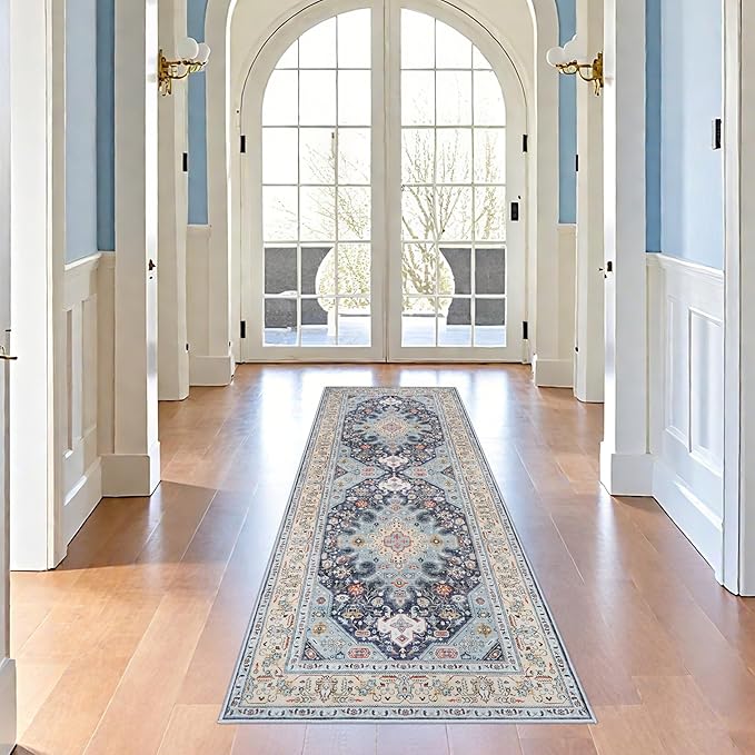 3x8 Runner Rug Kitchen: Hallway Washable Oriental Runners Soft Indoor Neutral Carpet for Entry Bedroom Farmhouse Low Pile Stain Resistant Hall Rugs Long Thin Door Mat - 3x8 Blue/Beige/Multi