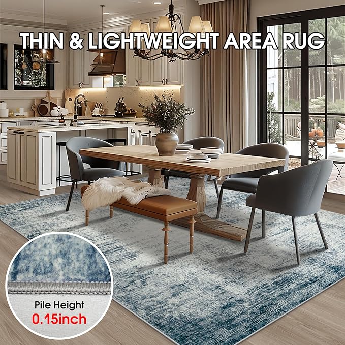 10x14 Area Rugs for Living Room: Soft Abstract Large Area Rug Non-Shedding Anti-Skid Stain Resistant Indoor Floor Modern Washable Rugs for Bedroom Dining Room Nursery Farmhouse Home Office-Blue/Ivory