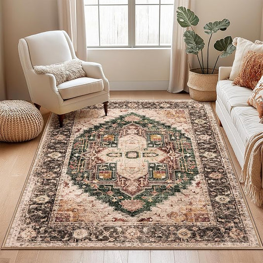 Washable 3x5 Area Rugs, Rugs for Living Room, Low-Pile Water&Stain Resistant Carpet Vintage Distressed Printed Non-Slip Carpet for Bedroom Bathroom Kitchen-Green