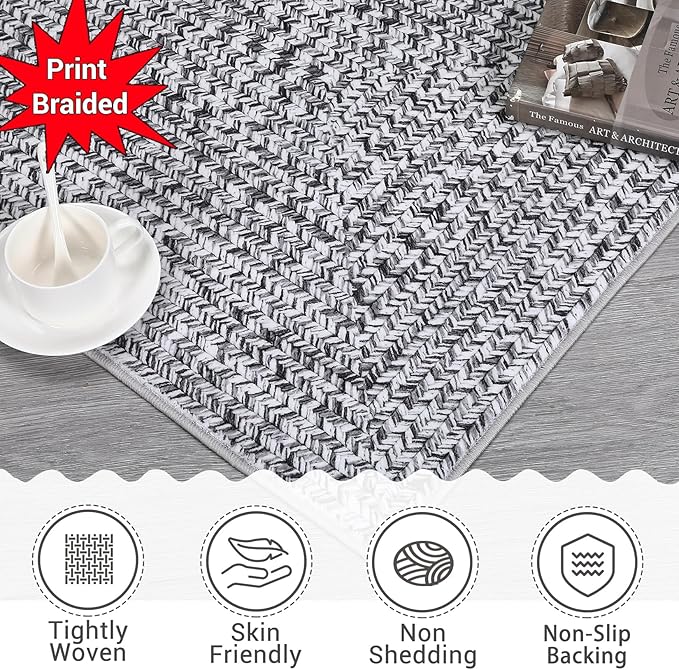 Printed Washable Rugs Runner Rug 2x8 Rug for Living Room Bathroom Rugs Modern Imitation Braided Bedroom Rug Non Slip Geometric Area Rug Kitchen Rugs Stain Resistant Carpet 2'x8' Light Grey