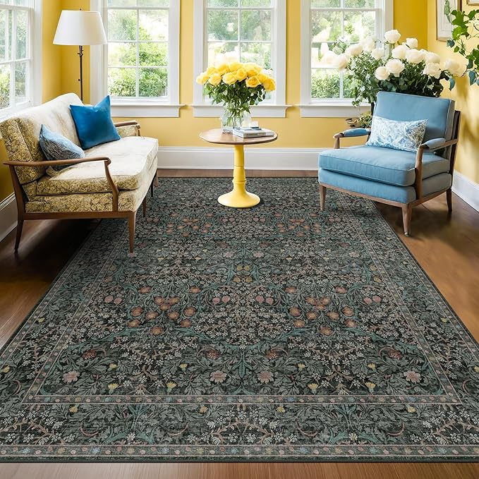 Washable Vintage 5x8 Living Room Rug, Dark Green Floral Area Rug for Bedroom Under Bed, Dining Room Under Small Dining Table, Office - Oriental Low Pile Non Slip & Stain Resistance (5x8 Dark Green)