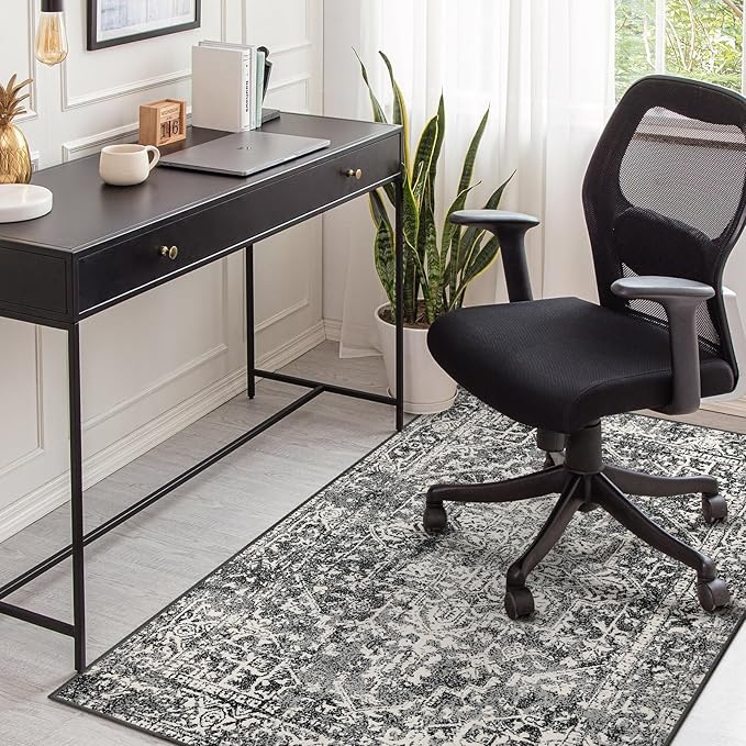 Morebes Boho Black 4x6 Rug for Living Room, Machine Washable Area Rug for Bedroom Non Slip, Medallion Vintage Stain-Resistant Soft Low Pile Indoor Carpet for Office Kitchen Entryway