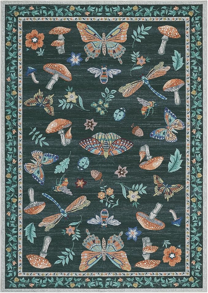 Washable Rug 5x7 Area Rugs for Living Room, Mushroom Insect Rug for Bedroom, 5x7 Rug Non Slip Throw Rugs with Rubber Back, Low Pile Stain Resistant Modern Carpet for Dining Room Dorm,Black