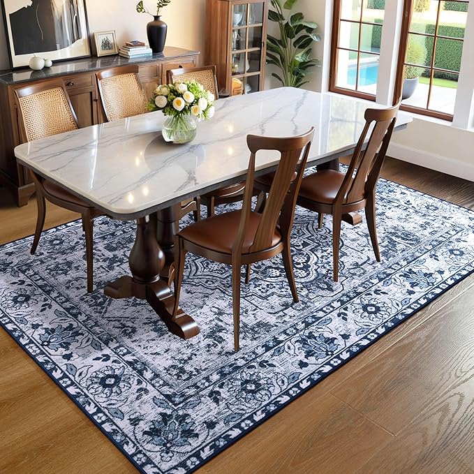 YJ.GWL Area Rug for Living Room, 3x5 Machine Washable Boho Rug for Bedroom, Low Pile Lightweight Thin Rugs Floral Vintage Distress Print Pattern Carpet for Dining Room Kitchen, Blue/White