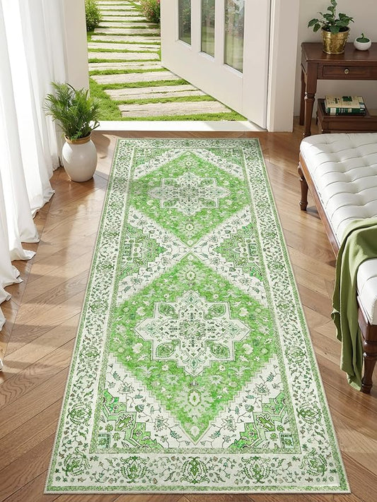 2x5 Washable Runner Rug for Hallways, Non Slip Vintage Runner, Soft Low Pile Long, Print Distressed Green Carpet Runners for Kitchen Bedroom Entryway Bathroom Living Room