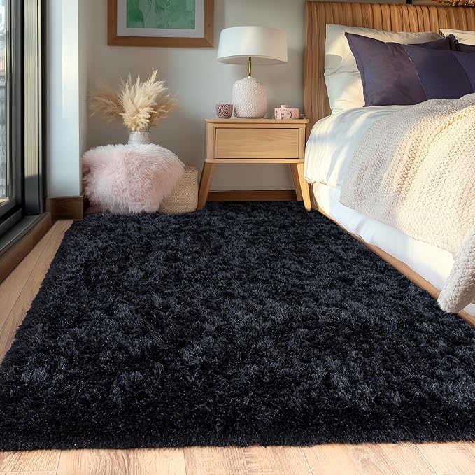 Black Fluffy Rug for Bedroom 9x12 ft Large Rug - Ultra Soft & Non Slip Shaggy Area Rug, Comfy Durable Carpet for Living Room Kids Room Teens Dorm Home Decor, 1.7'' Thick Indoor Plush Carpets