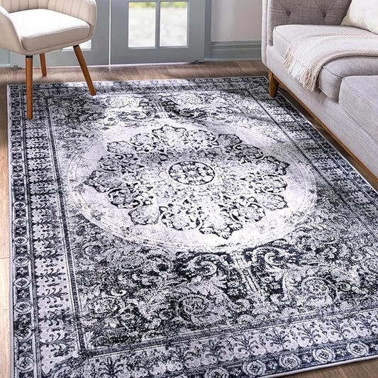YJ.GWL Area Rug for Living Room, 4x6 Machine Washable Boho Rug for Bedroom, Low Pile Lightweight Thin Rugs Floral Vintage Distress Print Pattern Carpet for Dining Room, Navy/White