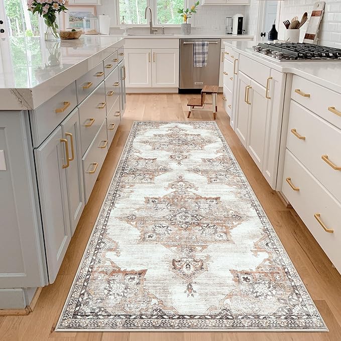 2x6 Rug Runner Rugs: Washable Boho Vintage Kitchen Hallway Rug Indoor Medallion Soft Non Slip Ultra Thin Non-Shedding Front Door Mat for Entryway Kitchen Bedroom (Brown, 2' x 6')