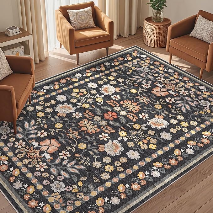 10x14 Area Rug Living Room Rugs - Washable Boho Vintage Floral Large Soft Non Slip Thin Rug Low Pile Carpet for Bedroom Dining Room Kids Playroom Office Decor Indoor- Black Grey