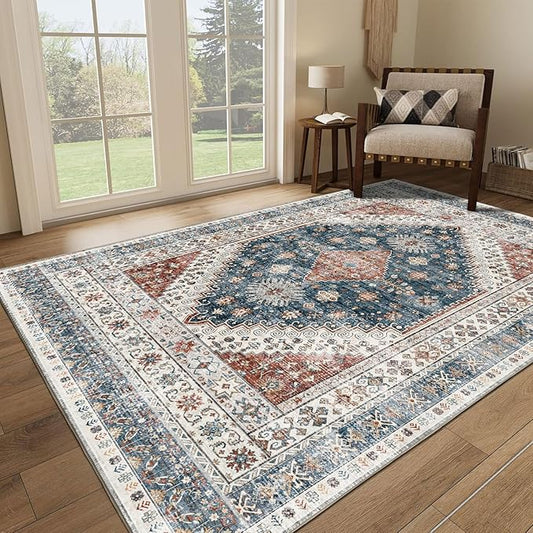 Rug for Living Room-Washable Area Rugs 5'x7' for Bedroom,Ultra-Soft Non-Shedding Faux Wool Vintage Design Boho Low Pile Mat Throw Carpet,Stain Resistant Rugs with Non-Slip Backing