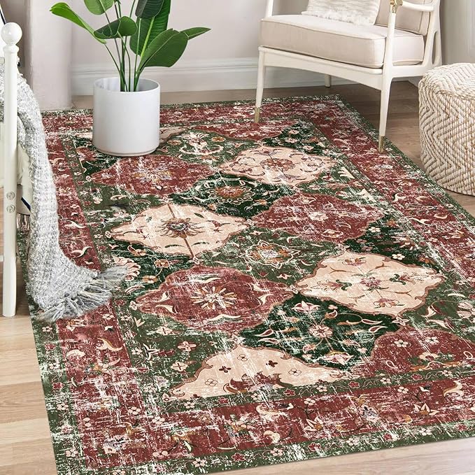 Washable Boho Vintage Area Rugs 5×7 Non-Slip Traditional Red and Green Carpet for Living Room Bedroom Dining Room Farmhouse