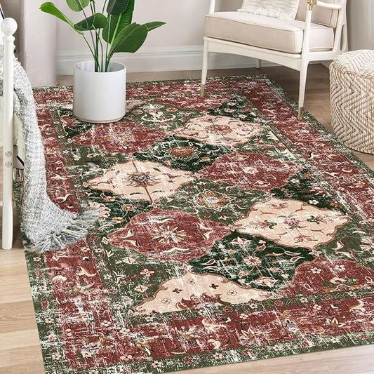 Washable Boho Vintage Area Rugs 5×7 Non-Slip Traditional Red and Green Carpet for Living Room Bedroom Dining Room Farmhouse