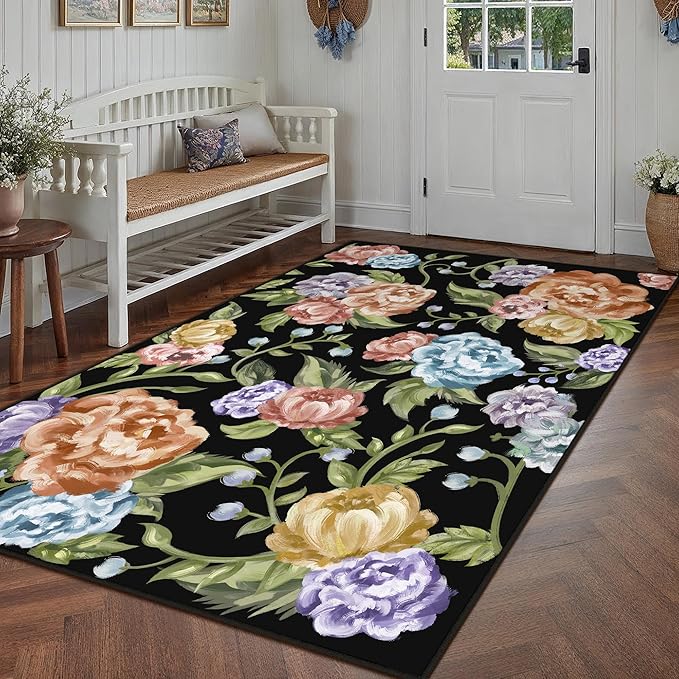 Black Area Rug 5x7 Floral Living Room Indoor Non Slip Bedroom Large Boho Carpet Washable Low Pile Soft Accent Rug for Office Dining Room Farmhouse